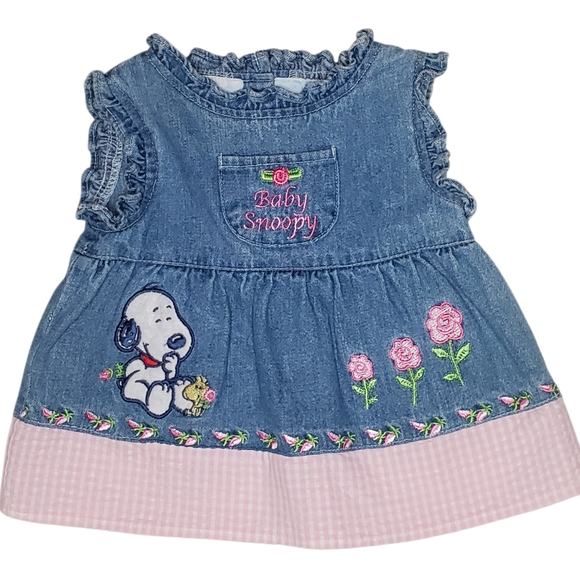 Vintage Other - Baby Snoopy Denim Dress 3-6M | Peanuts Licensed | Cute Pink & Floral Embroidery